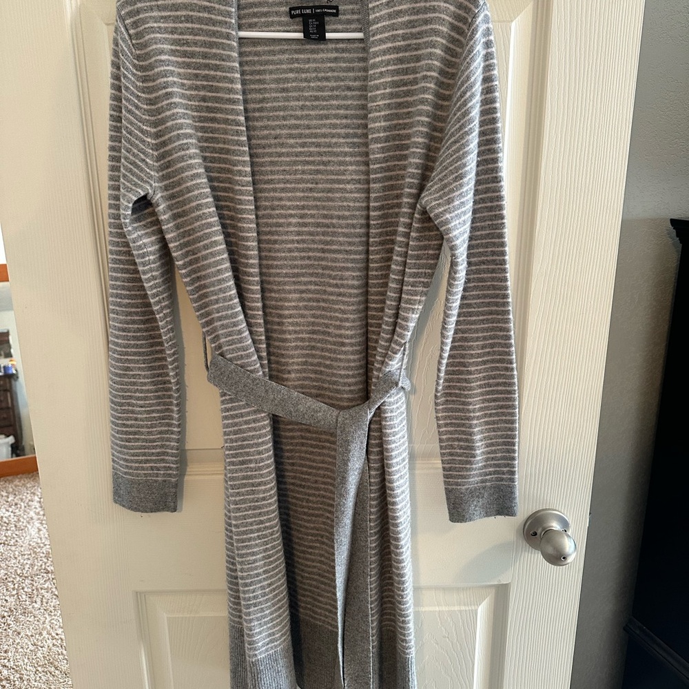 Tahari Gray and Pink Striped Open-Front Belted Cardigan